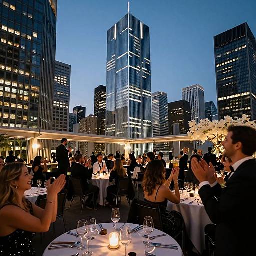 Photograph of a rooftop restaurant at twilight, with a diverse crowd in formal attire clapping, surrounded by illuminated skyscrapers.