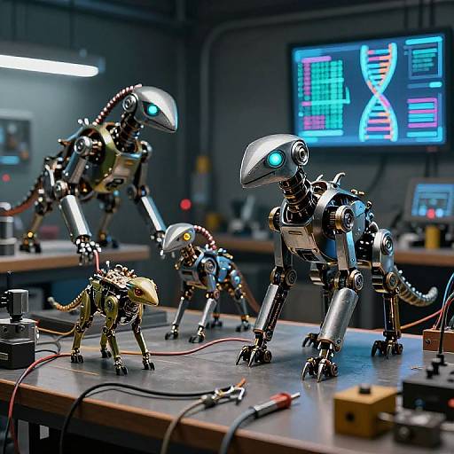 Photograph of four glowing, metallic robotic dinosaurs on a workbench in a high-tech lab, connected by wires, with a DNA double helix display