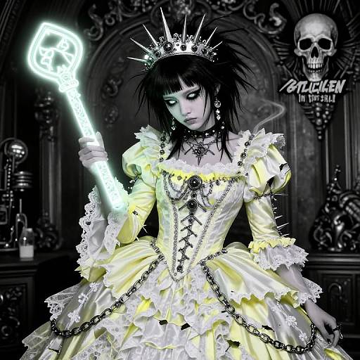 Gothic fairy in yellow lace dress with spiked crown, holding glowing staff, dark skeletal background, skull logo, digital art.