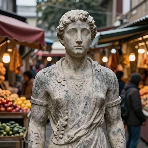 Photograph of a weathered, classical stone statue of a woman with wavy hair, wearing a detailed, patterned dress, standing in a bustling