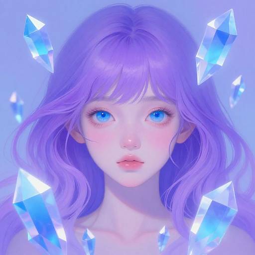 Digital art of a fair-skinned, blue-eyed anime girl with lavender hair, surrounded by glowing blue crystals, against a vibrant blue background.