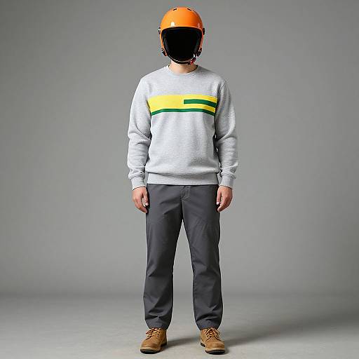 Man in Orange Helmet and Striped Sweatshirt