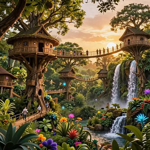 Whimsical digital painting of a vibrant, fantasy forest with treehouse bridges, colorful flowers, a waterfall, and a sunset sky.