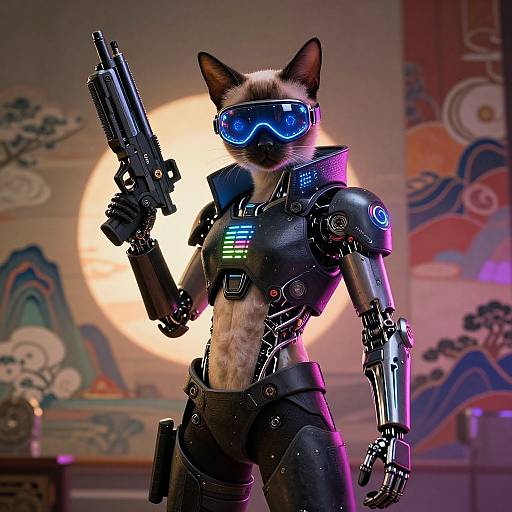 Digital art of a cybernetic Siamese cat holding a gun, wearing futuristic armor and blue visor, against colorful, abstract background.