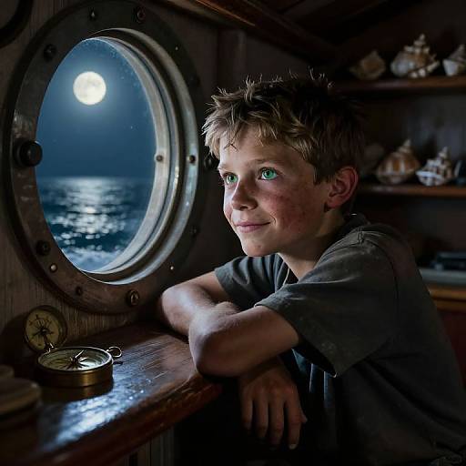 Photograph of a young boy with messy blonde hair, green eyes, and freckles, leaning on a ship's wooden counter, gazing at