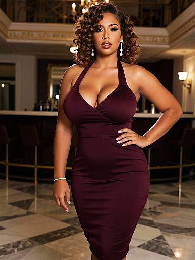 Photograph of a curvy, dark-skinned woman with curly brown hair, wearing a deep V-neck black dress, standing confidently in a luxurious,