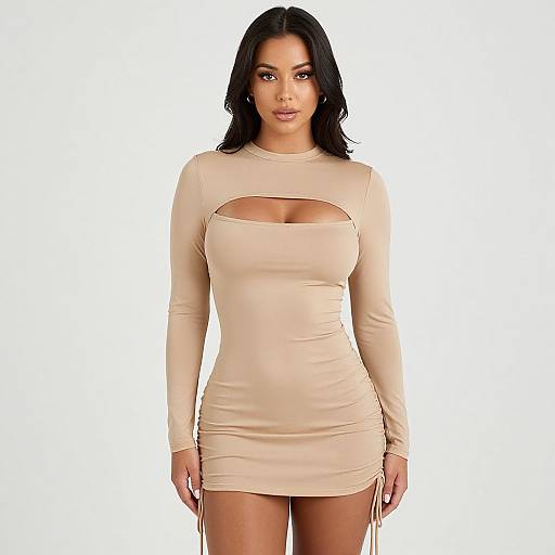 Photograph of a curvy woman with dark hair, wearing a tight, long-sleeve, beige dress with a keyhole cutout, standing