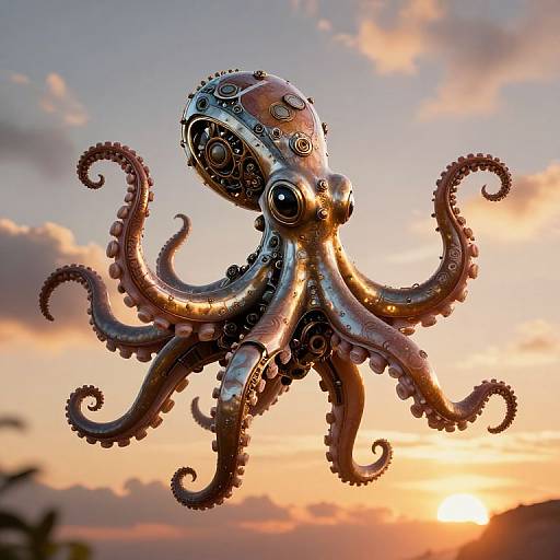 Photograph of a metallic, steampunk-style octopus with detailed gears and rivets, set against a vibrant sunset sky with orange and pink clouds