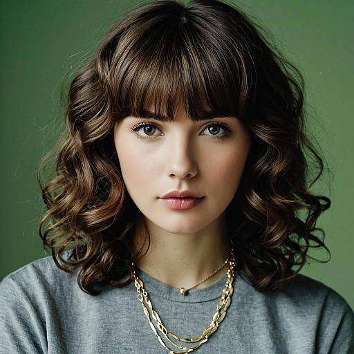 Young Woman with Short Curtain Bangs and Wavy Hair