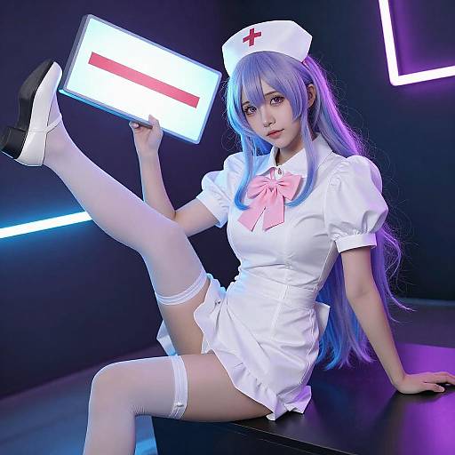 Anime Cosplayer in Neon Nurse Outfit