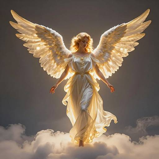 Photograph-style digital artwork of a radiant, blonde angel with glowing wings, wearing a flowing white gown, standing on a cloud.
