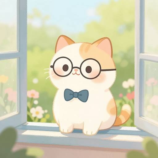 Cute cartoon cat with orange and white fur, round glasses, and blue bowtie sits on sunny window sill, surrounded by blurred colorful flowers. Digital