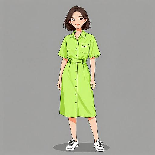 Anime-style digital drawing of a young woman with short black hair, wearing a bright green short-sleeve dress and white sneakers, standing against a gray