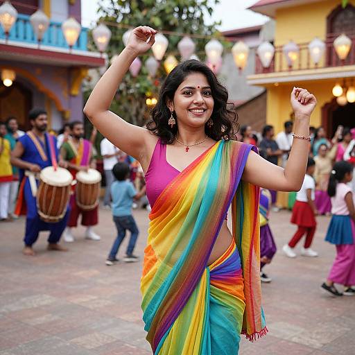 Photograph of a smiling Indian woman with dark curly hair, wearing a vibrant rainbow saree, dancing in a festive outdoor setting with musicians and people in