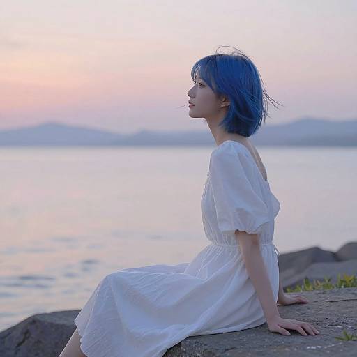 Photograph of a young Asian woman with blue hair, wearing a white, sheer, short-sleeve dress, sitting on a rock by a calm
