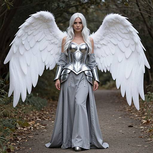 Photograph of a white-haired woman with large, white angel wings, wearing a silver armored corset and long gray dress, standing on a forest path