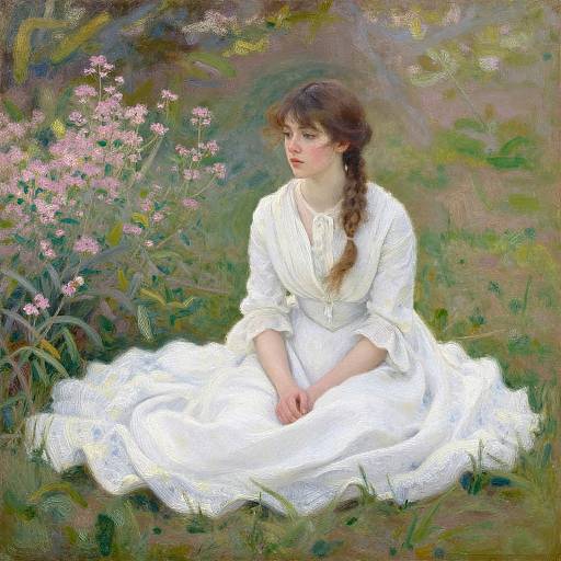 Digital painting of a young woman with fair skin and brown hair in a braid, wearing a white dress, sitting in a grassy field with pink