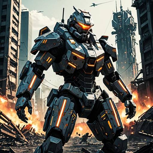 Futuristic Armored Mech in Post-Apocalyptic City