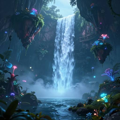 Digital artwork of a luminous waterfall cascading into a misty pool, surrounded by glowing bioluminescent plants and vibrant fungi in a dark,