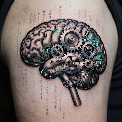 Photograph of a detailed black-and-gray mechanical brain tattoo with glowing blue gears on human skin, surrounded by printed text.
