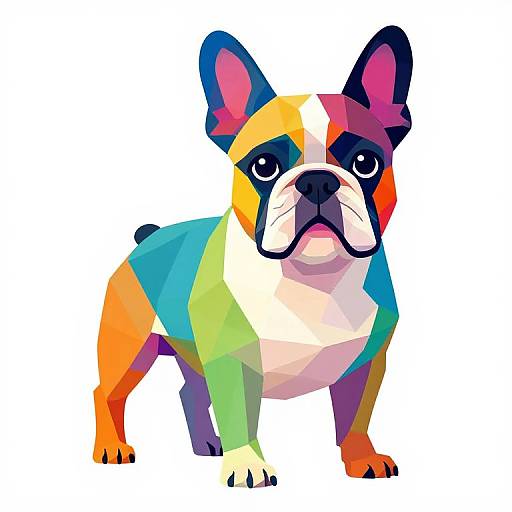 Colorful digital illustration of a French Bulldog with geometric, multi-colored patches in orange, blue, green, and purple on a white background.