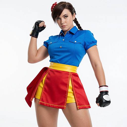 Photograph of a muscular woman in a blue shirt, yellow-red skirt, black gloves, and red bow, posing with a fist raised.