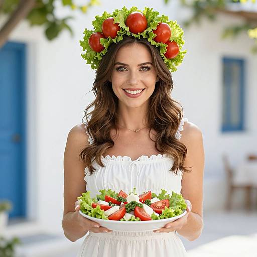 Photograph of a smiling woman with long brown hair, wearing a white dress and a tomato and leaf crown, holding a fresh salad. Bright blue door