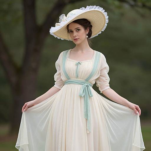 Photograph of a fair-skinned woman in a white, Victorian-style dress with light blue accents, wide-brimmed hat, and flowing skirt,