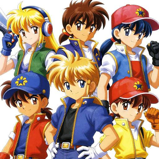 Colorful anime illustration of six young characters with various hairstyles, outfits, and accessories, including blue and red hats, vests, and gloves.