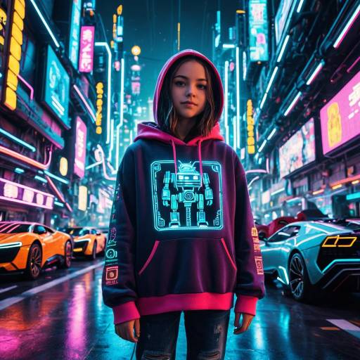 Teen Girl in Futuristic City Street at Night