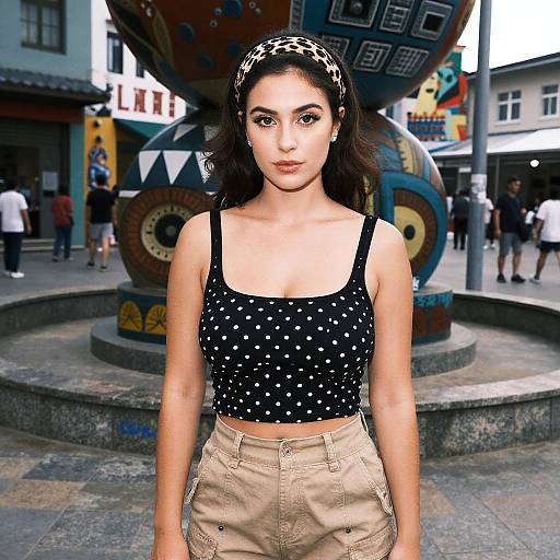 Photograph of a young woman with medium skin tone, dark hair in a polka dot headband, black polka dot tank top, beige high