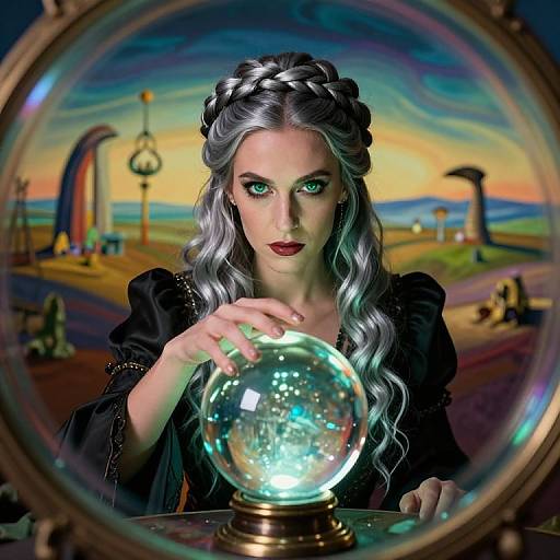 Digital art of a silver-haired woman with braided crown, intense green eyes, black dress, holding glowing snow globe, framed by ornate lens,