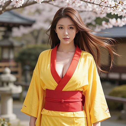 Photograph of a young Asian woman with long brown hair, wearing a yellow kimono with red trim and red obi, standing in front of blo
