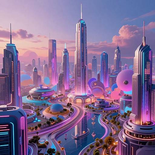 Digital CGI of a futuristic neon-lit cityscape with towering skyscrapers, glowing highways, and vibrant purple, blue, and pink lighting at sunset