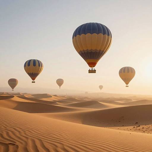 Photograph of five colorful hot air balloons floating over golden sand dunes at sunrise, casting long shadows on the undulating desert landscape.
