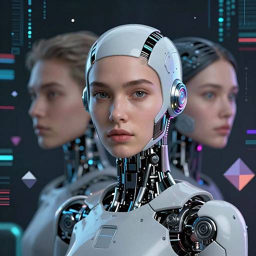 Digital CGI of a futuristic, white-skinned, blue-eyed female humanoid robot with sleek, metallic head and neck, flanked by two blurred human-like