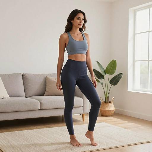 Photograph of a fit, dark-haired woman in a blue sports bra and high-waisted leggings, standing in a bright, minimalist living room with