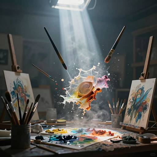 Photograph of a dark studio with bright spotlight, paint splashing dramatically into flames between two colorful paintings on easels.