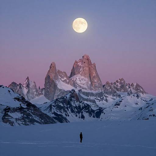 Photograph of a lone figure in a snow-covered landscape at dusk, with a bright full moon above jagged, snow-capped mountains. Purple and