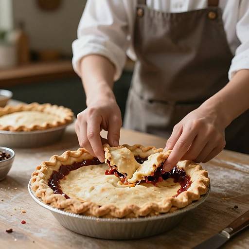 Photograph of a person's hands removing a pie from a baking dish, showing a golden crust with red berry filling. Wearing a white shirt and