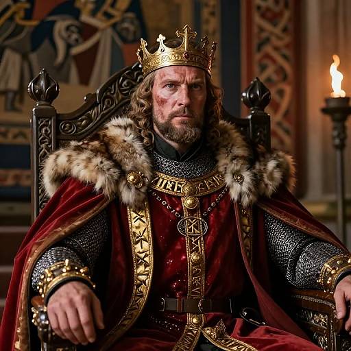 Photograph of a bearded king with long brown hair, gold crown, and fur-trimmed red robe, seated on an ornate throne in