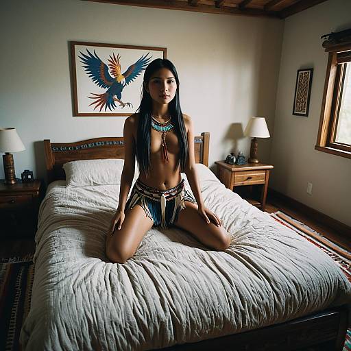 Native American Woman in Traditional Attire on Bed