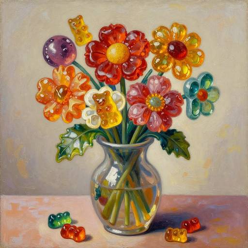 Oil painting of a glass vase holding colorful, translucent, glass flowers and leaves, with scattered glass shapes on a pink surface.