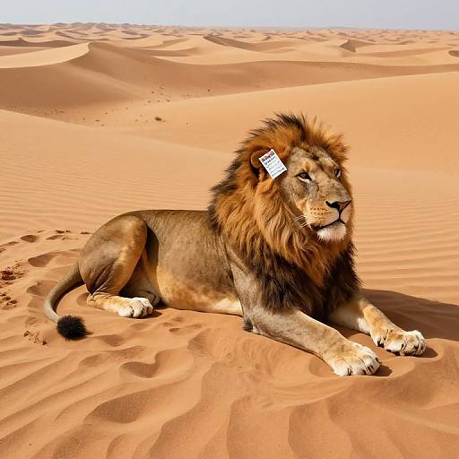 Photograph of a majestic male lion with a white ear tag, lying in a sunlit, sandy desert with rippled dunes.