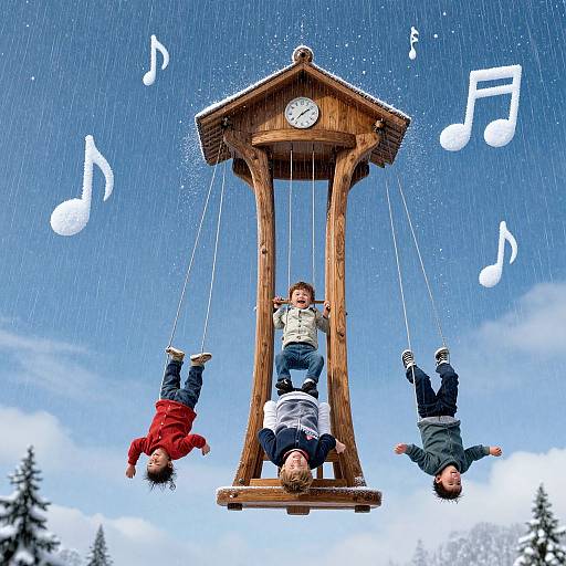 Photograph of three children hanging upside down from a wooden swing in the rain, musical notes in the blue sky.