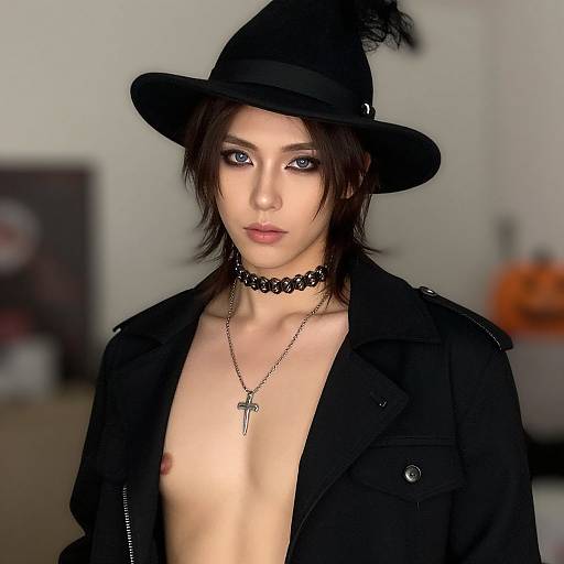 Digital art of a pale-skinned androgynous person with dark hair, wearing a black witch hat, choker, and open black jacket,