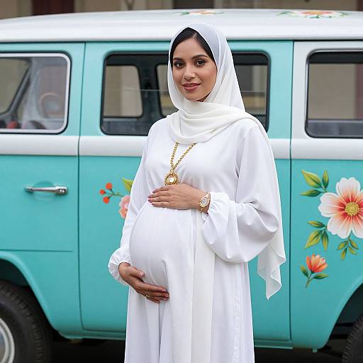 Photograph of a pregnant South Asian woman in a white hijab and long dress, standing in front of a turquoise vintage van with floral decals, gently