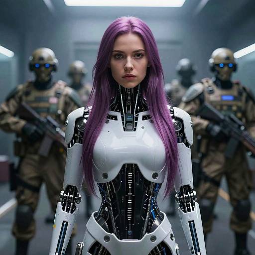 CGI image of a purple-haired woman in a white and black robotic suit, standing in a dimly lit hallway, surrounded by armed soldiers in tactical