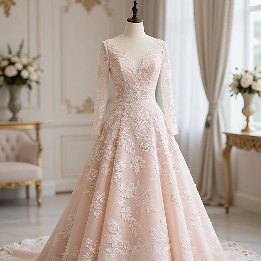 Photograph of a pink, lace-embellished, long-sleeve ball gown on a mannequin in an elegant, softly lit room