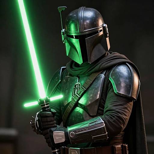 Photorealistic digital artwork of a masked, armored Jedi holding a glowing green lightsaber, with a dark background and green light reflections.